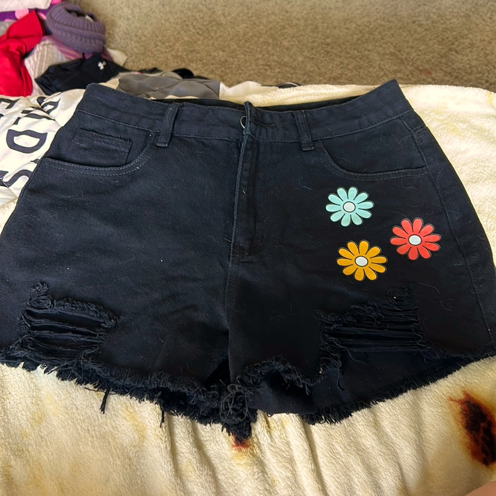 Black denim floral print shorts